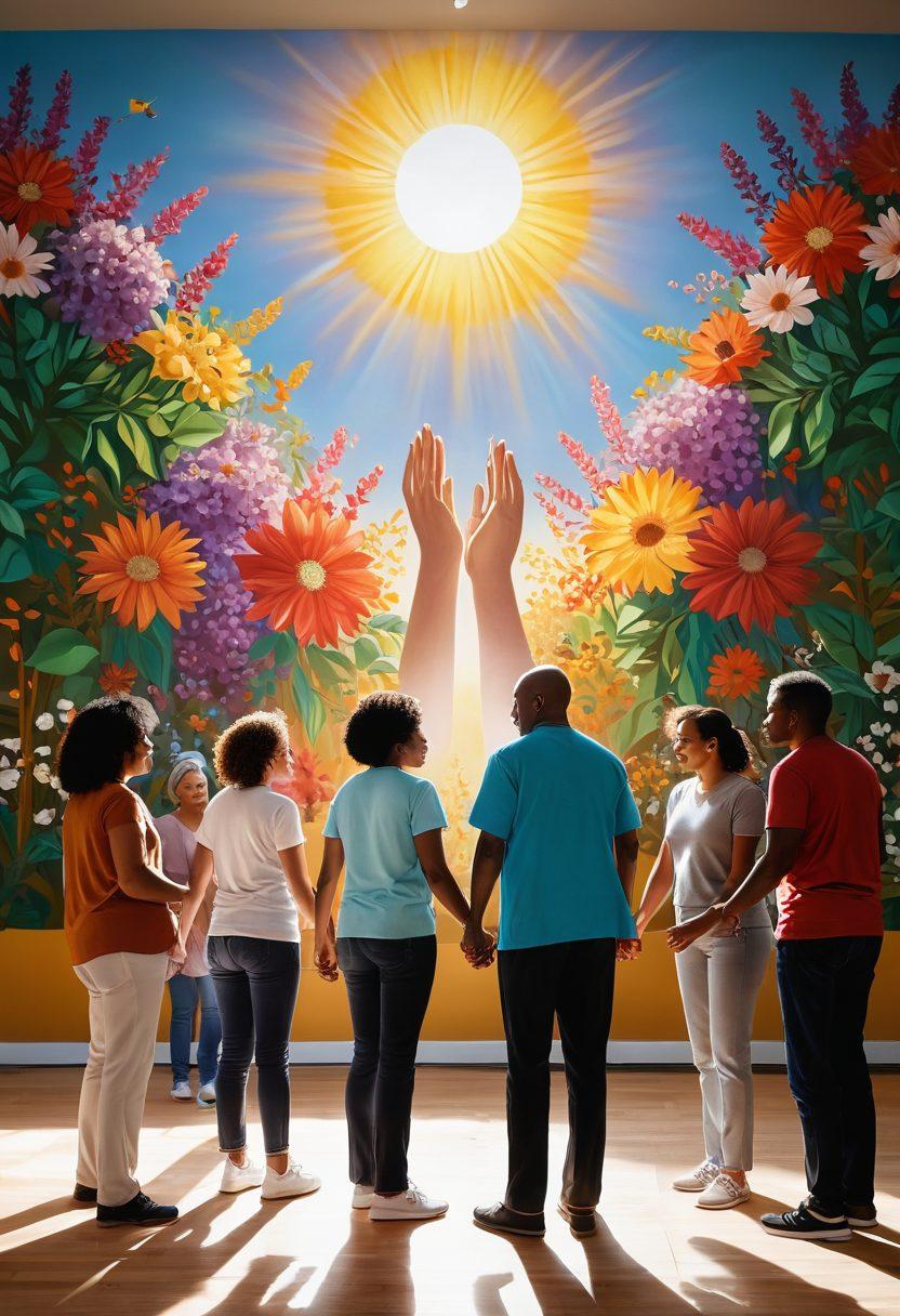 A diverse group of people gathered in a sunlit community center, sharing stories and support as they hold hands symbolically. In the background, a large mural depicting hope and resilience with blooming flowers represents renewal. Soft, warm lighting enhances the emotional atmosphere, inviting a sense of connection and togetherness. super-realistic. vibrant colors. 3D.