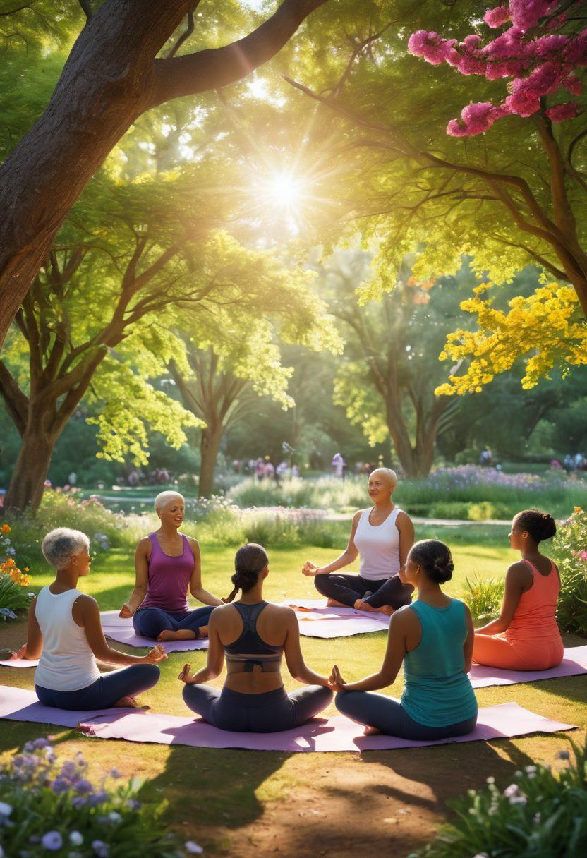 A serene and hopeful scene depicting a diverse group of cancer survivors gathered in a lush park, sharing wellness tips and support, with sunlight streaming through the trees. Show them engaged in activities like meditation, yoga, and laughter, symbolizing strength and community. Incorporate vibrant colors that evoke positivity and resilience, featuring elements like flowers and supportive signs. super-realistic. vibrant colors. uplifting atmosphere.