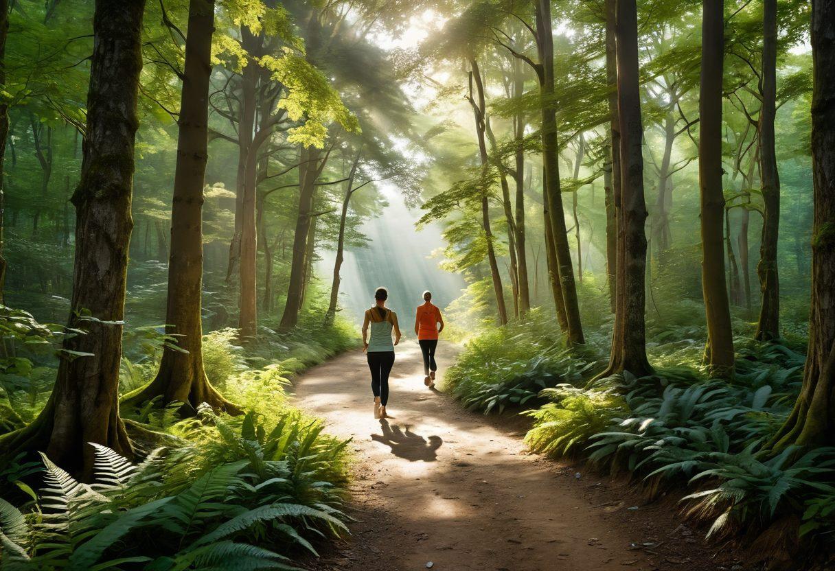 A serene path winding through a lush green forest, symbolizing a journey to recovery, with holistic health elements like herbal plants and yoga poses depicted along the sides. In the foreground, a diverse group of individuals practicing mindfulness and physical exercises, representing unity and support in the healing process. Soft, warm light filtering through the trees, creating a calming atmosphere. super-realistic. vibrant colors. peaceful tones.